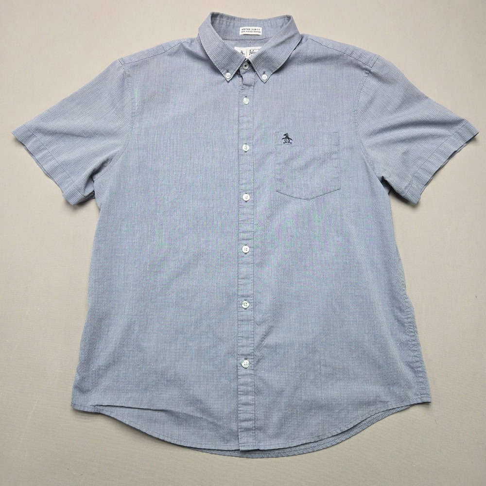 Original Penguin Shirt Heritage Slim Fit Micro Check Blue Mens L Short Sleeve